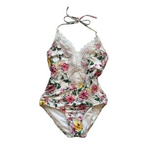 One Piece Halter Floral Swimsuit with lace trim